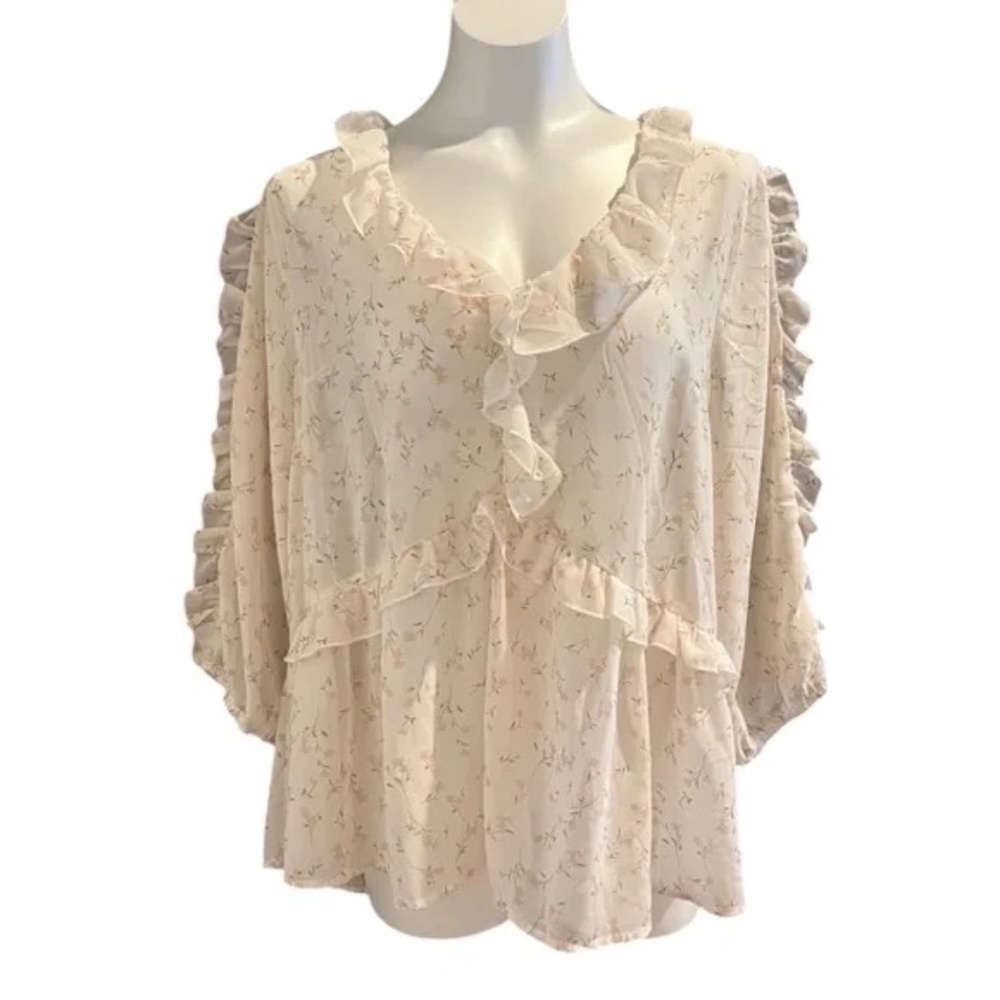 Zenobia Plus Size 1X Cream Sheer Floral Ruffle Chiffon Top New